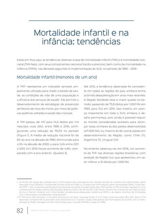 Mortalidade infantil e na
infância: tendências
Estão em foco aqui as tendências relativas à taxa de mortalidade infantil (TMI) e à mortalidade neo-
natal (TMI-Neo), com seus componentes neonatal (tardio e precoce), bem como da mortalidade na
infância (TMIN), nas décadas seguintes à implementação do SUS, no período de 1990 – 2016c
.
Mortalidade Infantil (menores de um ano)
c As fontes de dados de coletada para a formulação dos indicadores são obtidas através do: Sistema de Informações sobre
Nascidos Vivos (SINASC), implantado oficialmente em 1990, e o Sistema de Informações sobre Mortalidade (SIM), criado des-
de 1979 23
, sob constante aperfeiçoamento da base de dados e qualificação das informações. A TMI utilizada, representa uma
combinação de dados diretos de 8 Estados (Espirito Santo, Rio de Janeiro, São Paulo, Paraná, Rio Grande do Sul, Mato Grosso
do Sul e Distrito Federal) com informações consideradas adequadas (cobertura 100%) e de dados indiretos de 19 Estados
com informações consideradas inadequadas23
.
d A TMI inclui três períodos: o neonatal precoce (0 a 6 dias), neonatal tardio (7 a 27 dias) e pós-neonatal (28 a 364 dias). A TM
Neonatal compreende os períodos neonatal precoce e o tardio24
. Esses indicadores são formulados de acordo com a meto-
dologia da Rede Interagencial de Informações para a Saúde (RIPSA), criada em 1996.
A TMId
representa um indicador sensível, am-
plamente utilizado para medir o estado de saú-
de, as condições de vida de uma população e
a eficácia dos serviços de saúde2
. Ele permite o
desenvolvimento de estratégias de prevenção
de fatores de risco de morte, por meio de políti-
cas públicas voltadas à saúde das crianças.
A TMI passou de 47,1 para 14,0 óbitos por mil
nascidos vivos (NV), entre 1990 e 2016, confi-
gurando uma redução de 70,0% no período
(Figura 1). A média de redução nacional foi de
6% ao ano na década de 1990, diminuindo para
4,5% na década de 2000, e para 3,4% entre 2011
e 2015. Em 2016 houve aumento de 4,8%, com-
parado com o ano anterior. (Quadro 3).
Até 2015, a tendência observada foi consisten-
te em todas as regiões do país, embora tenha
ocorrido desaceleração em anos mais recentes.
A Região Nordeste teve a maior queda no pe-
ríodo, passando de 75,8 óbitos por 1.000 NV em
1990, para 15,2 em 2015. Isso mostra um avan-
ço importante em todo o SUS, embora o de-
safio permaneça, pois ainda é possível reduzir
as mortes consideradas evitáveis para alcan-
çar taxas similares às dos países desenvolvidos
(4/1.000 NV), ou mesmo às de outros países em
desenvolvimento da Região, como Chile (11),
Argentina (7), Uruguai (14)1
.
No entanto, observou-se, em 2016, um aumen-
to da TMI nas diversas regiões brasileiras, com
exceção da Região Sul, que apresentou um va-
lor inferior a 10 óbitos por 1.000 NV.
82 Relatório 30 anos de SUS, que SUS para 2030?
 