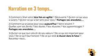 Narration en 3 temps…
1) Comment c’était votre 1ère fois en agilité ? Découverte ? Qu’est-ce qui vous
a surpris ? Qu’est-ce qui a fait sens pour vous ? Partagez vos anecdotes…
2) Comment ça se passe pour vous aujourd’hui ? Votre ressenti ?
Quelles sont vos ﬁertés ? Vos doutes ? Vos réussites ? Vos apprentissages ?
Partagez vos anecdotes…
3) Qu’est-ce que tout cela dit de vos valeurs ? De ce qui est important pour
vous ? De ce qu’il faut honorer ? De ce qui reste à réussir dans le futur ?
Racontez-nous…
 