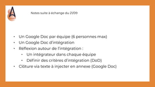 • Un Google Doc par équipe (6 personnes max)
• Un Google Doc d’intégration
• Réﬂexion autour de l’intégration :
• Un intégrateur dans chaque équipe
• Déﬁnir des critères d’intégration (DoD)
• Clôture via texte à injecter en annexe (Google Doc)
Notes suite à échange du 21/09
 
