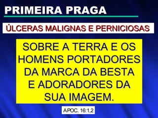 PRIMEIRA PRAGA
ÚLCERAS MALIGNAS E PERNICIOSASÚLCERAS MALIGNAS E PERNICIOSAS
SOBRE A TERRA E OSSOBRE A TERRA E OS
HOMENS PORTADORESHOMENS PORTADORES
DA MARCA DA BESTADA MARCA DA BESTA
E ADORADORES DAE ADORADORES DA
SUA IMAGEM.SUA IMAGEM.
APOC. 16:1,2
 