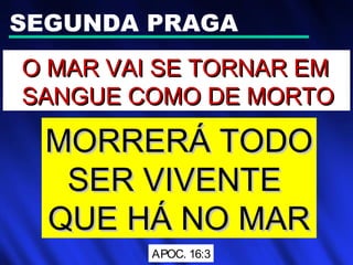 SEGUNDA PRAGA
O MAR VAI SE TORNAR EMO MAR VAI SE TORNAR EM
SANGUE COMO DE MORTOSANGUE COMO DE MORTO
MORRERÁ TODOMORRERÁ TODO
SER VIVENTESER VIVENTE
QUE HÁ NO MARQUE HÁ NO MAR
APOC. 16:3
 