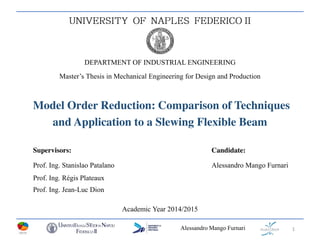 Alessandro Mango Furnari
Model Order Reduction: Comparison of Techniques
and Application to a Slewing Flexible Beam
1
Academic Year 2014/2015
DEPARTMENT OF INDUSTRIAL ENGINEERING
Master’s Thesis in Mechanical Engineering for Design and Production
Supervisors: Candidate:
Prof. Ing. Stanislao Patalano Alessandro Mango Furnari
Prof. Ing. Régis Plateaux
Prof. Ing. Jean-Luc Dion
 