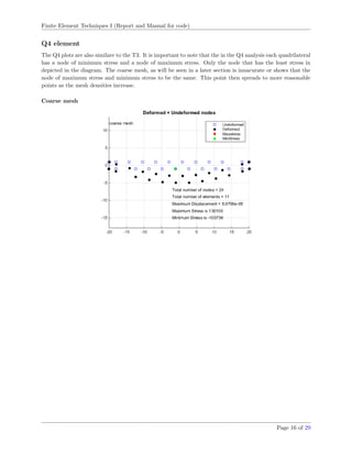 Finite Element Techniques I (Report and Manual for code)
Q4 element
The Q4 plots are also similare to the T3. It is important to note that the in the Q4 analysis each quadrilateral
has a node of minimum stress and a node of maximum stress. Only the node that has the least stress in
depicted in the diagram. The coarse mesh, as will be seen in a later section is innacurate or shows that the
node of maximum stress and minimum stress to be the same. This point then spreads to more reasonable
points as the mesh densities increase.
Coarse mesh
Page 16 of 29
 