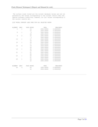 Finite Element Techniques I (Report and Manual for code)
The surface loads listed are the current database values and are not
necessarily the values corresponding to the current results data set.
Tabular boundary conditions, however, do list values corresponding to
the current results set.
LIST NODAL SURFACE LOAD PRES FOR ALL SELECTED NODES
ELEMENT LKEY FACE NODES REAL IMAGINARY
2 1 16 2000.00000 0.00000000
15 2000.00000 0.00000000
6 1 4 2000.00000 0.00000000
24 2000.00000 0.00000000
9 2 15 2000.00000 0.00000000
3 2000.00000 0.00000000
13 1 17 2000.00000 0.00000000
16 2000.00000 0.00000000
15 1 18 2000.00000 0.00000000
17 2000.00000 0.00000000
16 4 19 2000.00000 0.00000000
18 2000.00000 0.00000000
19 1 20 2000.00000 0.00000000
19 2000.00000 0.00000000
21 1 21 2000.00000 0.00000000
20 2000.00000 0.00000000
23 1 22 2000.00000 0.00000000
21 2000.00000 0.00000000
25 1 23 2000.00000 0.00000000
22 2000.00000 0.00000000
ELEMENT LKEY FACE NODES REAL IMAGINARY
26 4 24 2000.00000 0.00000000
23 2000.00000 0.00000000
Page 7 of 29
 