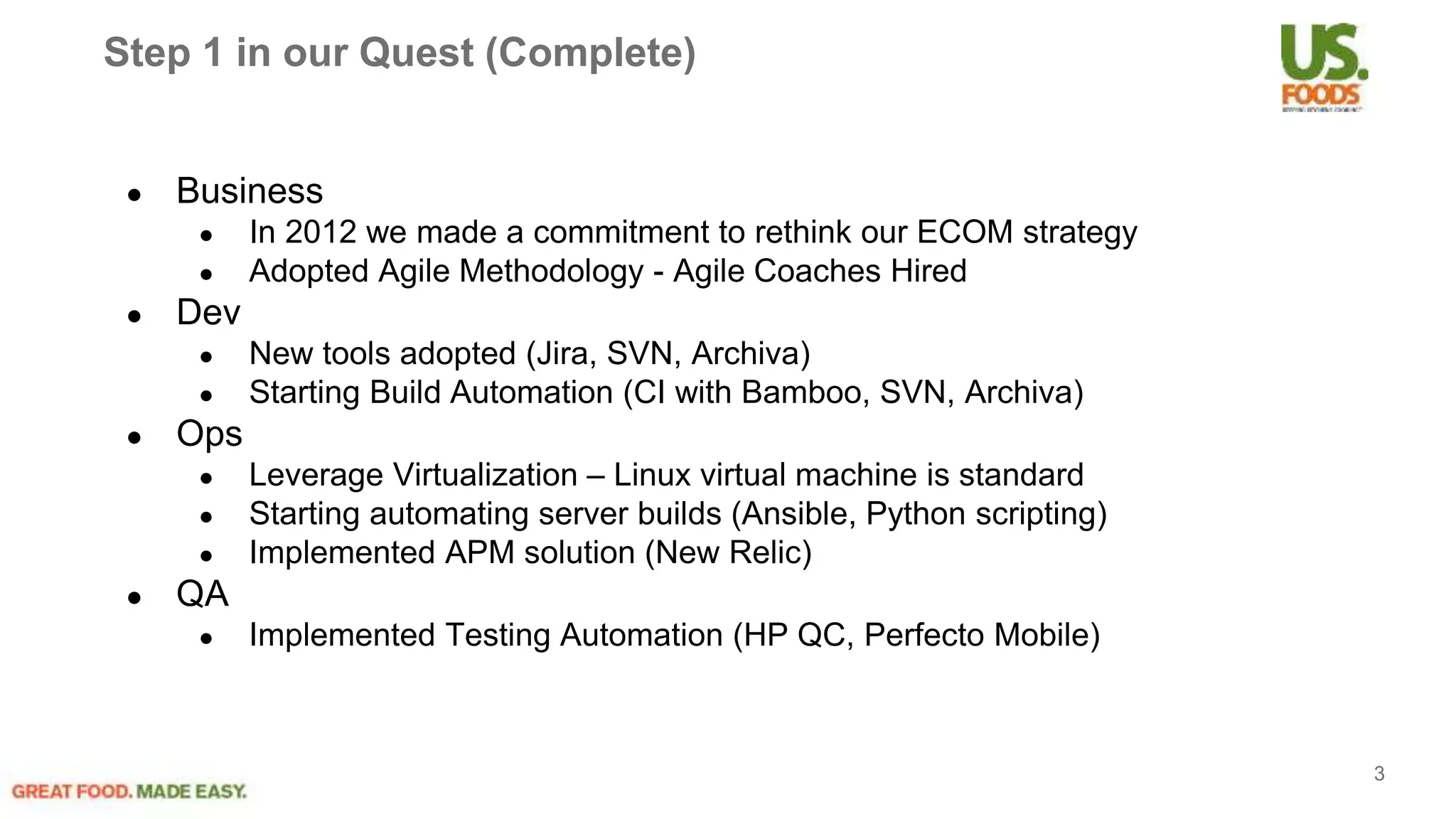 Step 1 in our Quest (Complete)
● Business
● In 2012 we made a commitment to rethink our ECOM strategy
● Adopted Agile Methodology - Agile Coaches Hired
● Dev
● New tools adopted (Jira, SVN, Archiva)
● Starting Build Automation (CI with Bamboo, SVN, Archiva)
● Ops
● Leverage Virtualization – Linux virtual machine is standard
● Starting automating server builds (Ansible, Python scripting)
● Implemented APM solution (New Relic)
● QA
● Implemented Testing Automation (HP QC, Perfecto Mobile)
3
 