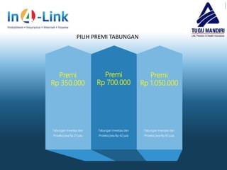 18
CARA MEMULAI
Tabungan Investasi dan
Proteksi jiwa Rp 21 juta
Tabungan Investasi dan
Proteksi jiwa Rp 42 juta
Tabungan Investasi dan
Proteksi jiwa Rp 63 juta
Premi
Rp 350.000
Premi
Rp 700.000
Premi
Rp 1.050.000
PILIH PREMI TABUNGAN
 