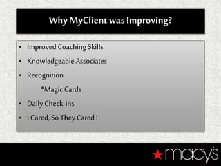 Why MyClient was Improving?
• Improved Coaching Skills
• KnowledgeableAssociates
• Recognition
*MagicCards
• DailyCheck-ins
• I Cared,So They Cared !
 