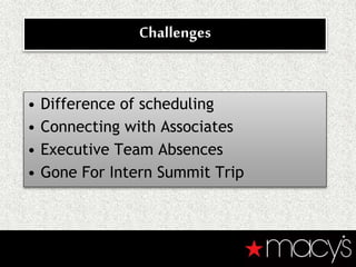 Challenges
• Difference of scheduling
• Connecting with Associates
• Executive Team Absences
• Gone For Intern Summit Trip
 