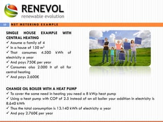 10
SINGLE HOUSE EXAMPLE WITH
CENTRAL HEATING
 Assume a family of 4
 In a house of 150 m2
 That consumes 4.500 kWh of
electricity a year
 And pays 750€ per year
 Consumes also 2.000 lt of oil for
central heating
 And pays 2.600€
N E T M E T E R I N G E X A M P L E
CHANGE OIL BOILER WITH A HEAT PUMP
 To cover the same need in heating you need a 8 kWp heat pump
 Using a heat pump with COP of 2.5 instead of an oil boiler your addition in electricity is
8.640 kWh
 Thus the total consumption is 13.140 kWh of electricity a year
 And pay 2.760€ per year
 