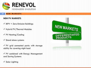 14 N E W M A R K E T S
NEW PV MARKETS
 BIPV + Zero Emission Buildings
 Hybrid PV/Thermal Modules
 PV Heating/Cooling
 Stand alone systems
 PV grid connected parks with storage
ability for covering night load
 PV combined with Energy Management
and Saving Systems
 Solar Lighting
 