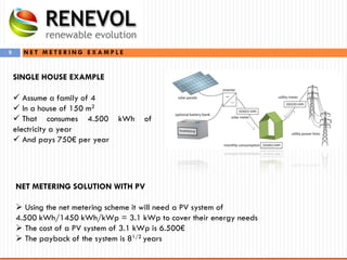 9
SINGLE HOUSE EXAMPLE
 Assume a family of 4
 In a house of 150 m2
 That consumes 4.500 kWh of
electricity a year
 And pays 750€ per year
N E T M E T E R I N G E X A M P L E
NET METERING SOLUTION WITH PV
 Using the net metering scheme it will need a PV system of
4.500 kWh/1450 kWh/kWp = 3.1 kWp to cover their energy needs
 The cost of a PV system of 3.1 kWp is 6.500€
 The payback of the system is 81/2 years
 
