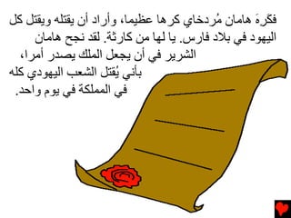 ‫ﻓﻜﺮﻩ هﺎﻡﺎن ُﺮدﺥﺎي آﺮهﺎ ﻋﻈﻴﻤﺎ، وأراد أن یﻘﺘﻠﻪ ویﻘﺘﻞ آﻞ‬
                                           ‫ﻡ‬      ‫َ َِ‬
     ‫اﻟﻴﻬﻮد ﻓﻲ ﺏﻼد ﻓﺎرس. یﺎ ﻟﻬﺎ ﻡﻦ آﺎرﺛﺔ. ﻟﻘﺪ ﻧﺠﺢ هﺎﻡﺎن‬
  ‫اﻟﺸﺮیﺮ ﻓﻲ أن یﺠﻌﻞ اﻟﻤﻠﻚ یﺼﺪر أﻡﺮا،‬
‫ﺏﺄﻧﻲ ُﻘﺘﻞ اﻟﺸﻌﺐ اﻟﻴﻬﻮدي آﻠﻪ‬
                       ‫ی‬
 ‫ﻓﻲ اﻟﻤﻤﻠﻜﺔ ﻓﻲ یﻮم واﺡﺪ.‬
 