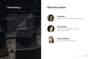 Methodology
In May 2016, LinkedIn surveyed 1,297 Hiring Managers
in the US, Canada, UK, Netherlands, Australia and India.
Hiring Managers are defined as those who currently
manage people and either recently hired, are currently
trying to hire or are planning to hire new people for
their team (based on survey responses). Members
were selected at random to take our survey and are
representative of the LinkedIn sample. The LinkedIn
sample (and our analysis) is influenced by how
members choose to use the site, which can vary based
on professional, social, and regional culture, as well
as overall site availability and accessibility. These
variances were not accounted for in the analysis.
About the authors
Lydia Abbot
Blog Editor & Associate Content Marketing Manager
Maria Ignatova
Global Content Marketing Lead, Thought
Leadership and Insights
Allison Schnidman
Senior Manager, Research Operations
30 Behavioral Interview Questions 22
 