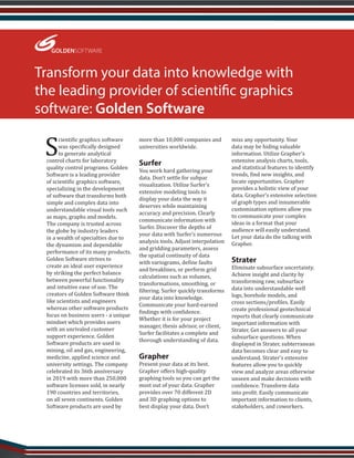 Transform your data into knowledge with
the leading provider of scientific graphics
software: Golden Software
S
cientific ...