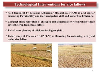 Technological Interventions for rice fallows
✓ Seed treatment by Vesicular Arbuscular Mycorrhizal (VAM) in acid soil for
e...