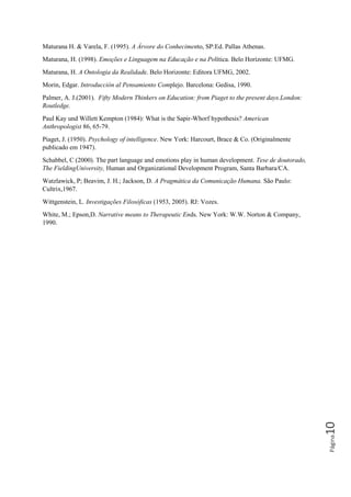 Página10
Maturana H. & Varela, F. (1995). A Árvore do Conhecimento, SP:Ed. Pallas Athenas.
Maturana, H. (1998). Emoções e Linguagem na Educação e na Política. Belo Horizonte: UFMG.
Maturana, H. A Ontologia da Realidade. Belo Horizonte: Editora UFMG, 2002.
Morin, Edgar. Introducción al Pensamiento Complejo. Barcelona: Gedisa, 1990.
Palmer, A. J.(2001). Fifty Modern Thinkers on Education: from Piaget to the present days.London:
Routledge.
Paul Kay und Willett Kempton (1984): What is the Sapir-Whorf hypothesis? American
Anthropologist 86, 65-79.
Piaget, J. (1950). Psychology of intelligence. New York: Harcourt, Brace & Co. (Originalmente
publicado em 1947).
Schabbel, C (2000). The part language and emotions play in human development. Tese de doutorado,
The FieldingUniversity, Human and Organizational Development Program, Santa Barbara/CA.
Watzlawick, P; Beavim, J. H.; Jackson, D. A Pragmática da Comunicação Humana. São Paulo:
Cultrix,1967.
Wittgenstein, L. Investigações Filosóficas (1953, 2005). RJ: Vozes.
White, M.; Epson,D. Narrative means to Therapeutic Ends. New York: W.W. Norton & Company,
1990.
 