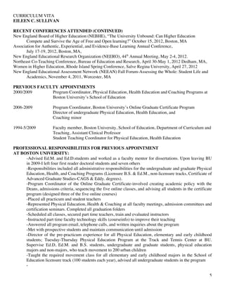 CURRICULUM VITA
EILEEN C. SULLIVAN
5
RECENT CONFERENCES ATTENDED (CONTINUED)
New England Board of Higher Education (NEBHE), “The University Unbound: Can Higher Education
Compete and Survive the Age of Free and Open learning?” October 15, 2012, Boston, MA
Association for Authentic, Experiential, and Evidence-Base Learning Annual Conference,
July 17-19, 2012, Boston, MA,
New England Educational Research Organization (NEERO), 44th
Annual Meeting, May 2-4, 2012.
Northeast Co-Teaching Conference, Bureau of Education and Research, April 30-May 1, 2012 Dedham, MA,
Women in Higher Education, Rhode Island Spring Conference, Salve Regina University, April 27, 2012
New England Educational Assessment Network (NEEAN) Fall Forum-Assessing the Whole: Student Life and
Academics, November 4, 2011, Worcester, MA
PREVIOUS FACULTY APPOINTMENTS
2000/2009 Program Coordinator, Physical Education, Health Education and Coaching Programs at
Boston University’s School of Education
2006-2009 Program Coordinator, Boston University’s Online Graduate Certificate Program
Director of undergraduate Physical Education, Health Education, and
Coaching minor
1994-5/2009 Faculty member, Boston University, School of Education, Department of Curriculum and
Teaching, Assistant Clinical Professor
Student Teaching Coordinator for Physical Education, Health Education
PROFESSIONAL RESPONSIBILITIES FOR PREVIOUS APPOINTMENT
AT BOSTON UNIVERSITY:
-Advised Ed.M. and Ed.D.students and worked as a faculty mentor for dissertations. Upon leaving BU
in 2009-I left four first reader doctoral students and seven others
-Responsibilities included all administrative responsibilities for the undergraduate and graduate Physical
Education, Health, and Coaching Programs (Licensure B.S. & Ed.M., non-licensure tracks, Certificate of
Advanced Graduate Studies-CAGS & Eddy. degrees).
-Program Coordinator of the Online Graduate Certificate-involved creating academic policy with the
Deans, admissions criteria, sequencing the five online classes, and advising all students in the certificate
program (designed three of the five online courses)
-Placed all practicum and student teachers
-Represented Physical Education, Health & Coaching at all faculty meetings, admission committees and
certification seminars. Completed all graduation folders
-Scheduled all classes, secured part time teachers, train and evaluated instructors
-Instructed part time faculty technology skills (courseinfo) to improve their teaching
-Answered all program email, telephone calls, and written inquiries about the program
-Met with prospective students and maintain communication until admission
-Director of the pre-practicum experience for all Physical Education, elementary and early childhood
students; Tuesday-Thursday Physical Education Program at the Track and Tennis Center at BU.
Supervise Ed.D, Ed.M. and B.S. students, undergraduate and graduate students, physical education
majors and non-majors, who teach movement to 200 urban children
-Taught the required movement class for all elementary and early childhood majors in the School of
Education licensure track (100 students each year), advised all undergraduate students in the program
-
 