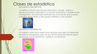 Clases de estadistica
ESTADISTICA DESCRIPTIVA:
Se define como la ciencia que sistematiza, recoge, ordena y
presenta los datos referentes a un asunto, fenómeno o problema de
investigación, sin pretender extender las conclusiones que puedan
extraerse de los datos a otros grupos distintos o mas amplios.
ESTADISTICA INFERENCIAL:
Su objetivo parte de la deducción de leyes que rigen los diferentes
fenómenos estudiados, para de esa forma hacer previsiones sobre
los mismos, tomar decisiones u obtener conclusiones.
 