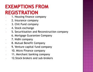 - 1. Housing finance company
- 2. Insurance company
- 3. Chit Fund company
- 4. Stock exchange
- 5. Securitisation and Reconstruction company
6. Mortgage Guarantee Company
- 7. Nidhi company
- 8. Mutual Benefit Company
- 9. Venture capital fund company
- 10. Micro Finance company
- 11. Merchant banking company
- 12.Stock brokers and sub-brokers
 