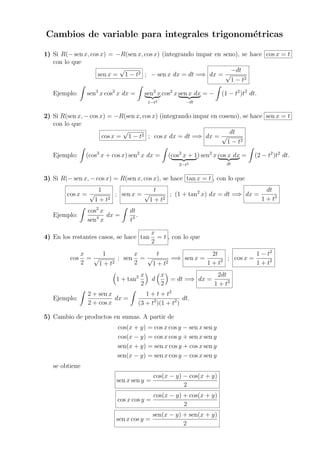 Cambios de variable para integrales trigonom´etricas
1) Si R(− sen x, cos x) = −R(sen x, cos x) (integrando impar en seno), se hace cos x = t
con lo que
sen x =
√
1 − t2 ; − sen x dx = dt =⇒ dx =
−dt
√
1 − t2
Ejemplo: sen3
x cos2
x dx = sen2
x
1−t2
cos2
x sen x dx
−dt
= − (1 − t2
)t2
dt.
2) Si R(sen x, − cos x) = −R(sen x, cos x) (integrando impar en coseno), se hace sen x = t
con lo que
cos x =
√
1 − t2 ; cos x dx = dt =⇒ dx =
dt
√
1 − t2
Ejemplo: (cos3
x + cos x) sen2
x dx = (cos2
x + 1
2−t2
) sen2
x cos x dx
dt
= (2 − t2
)t2
dt.
3) Si R(− sen x, − cos x) = R(sen x, cos x), se hace tan x = t , con lo que
cos x =
1
√
1 + t2
; sen x =
t
√
1 + t2
; (1 + tan2
x) dx = dt =⇒ dx =
dt
1 + t2
Ejemplo:
cos2
x
sen4
x
dx =
dt
t4 .
4) En los restantes casos, se hace tan
x
2
= t , con lo que
cos
x
2
=
1
√
1 + t2
; sen
x
2
=
t
√
1 + t2
=⇒ sen x =
2t
1 + t2 ; cos x =
1 − t2
1 + t2
1 + tan2 x
2
d
x
2
= dt =⇒ dx =
2dt
1 + t2
Ejemplo:
2 + sen x
2 + cos x
dx =
1 + t + t2
(3 + t2
)(1 + t2
)
dt.
5) Cambio de productos en sumas. A partir de
cos(x + y) = cos x cos y − sen x sen y
cos(x − y) = cos x cos y + sen x sen y
sen(x + y) = sen x cos y + cos x sen y
sen(x − y) = sen x cos y − cos x sen y
se obtiene
sen x sen y =
cos(x − y) − cos(x + y)
2
cos x cos y =
cos(x − y) + cos(x + y)
2
sen x cos y =
sen(x − y) + sen(x + y)
2
 