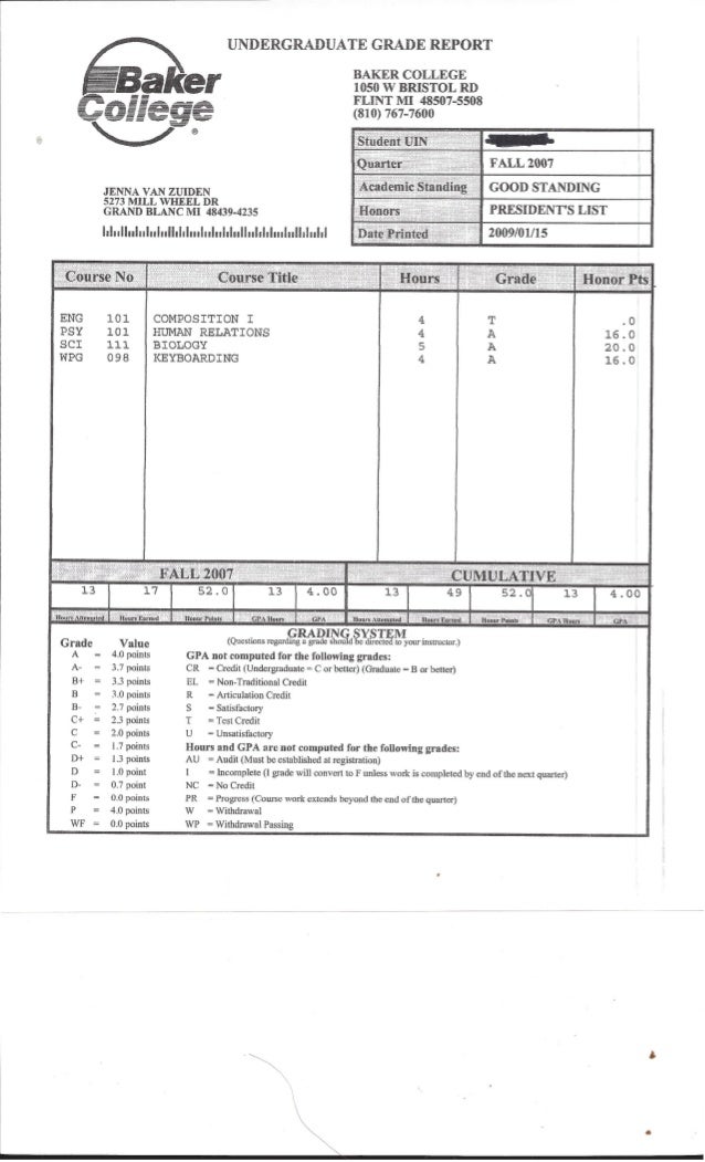 Baker College Official Grade Reports Baker College Official Grade Reports