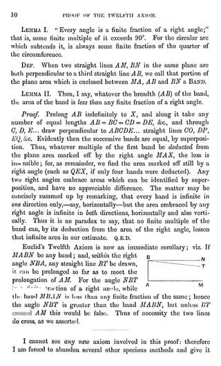 10 PROOF OF Tin; TWELFTH AXIOM.
LEMMA I. "Every angle is a finite fraction of a rightangle;"
that is,some finite multipleof it exceeds 90". For the circular arc
which subtends it,is always some finite fraction of the quarter of
the circumference.
DEF. When two straightlines AM, BN in the same plane are
both perpendicularto a third straightline AB, we call that portionof
the planearea which is enclosed between MA, AB and BN a BAND.
LEMMA II. Then, I say, whatever the breadth (AB) of the band,
UK area of the band is less than any finite fraction of a rightangle.
Proof. Prolong AB indefinitelyto X, and along it take any
number of equal lengthsAB = BC = CD = DE, "c., and through
G, D, E... draw perpendicularto ABODE... straightlines CO, DP,
.c. Evidentlythen the successive bands are equal,by superposi-tion.
Thus, whatever multipleof the first band be deducted from
the plane area marked off by the right angle MAX, the loss is
iiiM nsible ; for,as remainder,we find the area marked off stillby a
rightangle(such as QEX, if onlyfour bands were deducted). Any
two rightanglesembrace areas which can be identified by super-position,
and have no appreciabledifference. The matter may be
conciselysummed up by remarking,that every band is infinite in
one direction only,"
say, horizontally" but the area embraced by any
rightangleis infinite in both directions,horizontallyand also verti-cally.
Thus it is no paradox to say, that no finite multipleof the
band can, by its deduction from the area of the rightangle,lessen
that infinite area in our estimate. Q.E.D.
Euclid's Twelfth Axiom is now an immediate corollary; viz. If
MABN be any band ; and, within the right 3
N
angleNBA, any straightline BT be drawn,
11 be prolongedso far as to meet the
prolongationof AM. For the angleNBT
'r.'H-tionof a rightJin-lf,while
T
i li"-ban"l J//;.LY is less than any Unite fraction of the same; hence
the angle NBT is greater than the band MABN, but unK-ss /""/'
AM this would be ials".
Thus of necessitythe two lines
do cross, as we assertril.
I cannot see
any new axiom involved in this proof:therefore
I am forced to abandon several other speciousmethods and give it
 