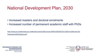 POSTGRADUATE RESEARCH UNIT
NAVORSINGSEENHEID
SASOL LIBRARY | SASOL-BIBLIOTEEK
LEVEL 6 | VLAK 6
National Development Plan, 2030
• Increased masters and doctoral enrolments
• Increased number of permanent academic staff with PhDs
(http://www.gov.za/sites/www.gov.za/files/Executive%20Summary-NDP%202030%20-%20Our%20future%20-
%20make%20it%20work.pdf)
 