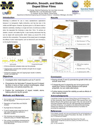 Ultrathin, Smooth, and Stable
Doped Silver Films
Tom George, Electrical Engineering, San Jose State University
NNIN REU Site: Lurie Nanofabrication Facility
PI: Professor Jay Guo, Mentor: Cheng Zhang
Department of Electrical Engineering and Computer Science – University of Michigan, Ann Arbor
Introduction
Silver(Ag) is preferred for use in many optoelectronic applications
because it is transparent, highly conductive, and has low loss in the
visible and NIR regions. However, Ag atoms grow in a 3D island mode on
dielectric substrates, resulting in a rough and even un-continuous surface
when the deposited film thickness is less than 15nm. To achieve an
ultrathin, smooth, and stable Ag film, it was recently discovered that Ag
can be doped with aluminum(Al), which makes up around 5% of the
entire thin film composition. The purpose of this project was to investigate
the effects of other metal dopants, such as titanium(Ti) and chrome(Cr),
on thin Ag film formations.
Methods and Materials
 Investigate other metal dopants such as Ti and Cr
 Characterize the fabricated Ti-doped Ag and Cr-doped
Ag films in terms of their surface morphologies, sheet
resistances, and optical properties, etc.
 Explore the mechanisms of doped metallic atoms
helping ultra-thin Ag film growth
Objectives
Results
Conclusion
References
[1] An Ultrathin, Smooth, and Low-Loss Al-Doped Ag Film and Its Application as
a Transparent Electrode in Organic Photovoltaics. Adv. Mater., 26: 5696–5701.
DOI:10.1002/adma.201306091
[2] Ultrasmooth and Thermally Stable Silver-Based Thin Films with
Subnanometer Roughness by Aluminum Doping, ACS Nano 2014 8 (10),
10343-10351
DOI: 10.1021/nn503577c
I would like to thank my mentor Cheng Zhang and PI Professor Guo
for their mentorship. Also to Sandrine Martin, Pilar Herrera-Fierro, and
Nadine Wang for their guidance and support. Also, this work would not
have been possible without the LNF staff especially David Sebastian
and Brian Armstrong. I am grateful to the National Nanotechnology
Infrastructure Network and the National Science Foundation for
providing this opportunity
 Kurt.J.Lesker Lab 18 Sputtering tool used for
thin film deposition
 Deposition on Fused Silica and SiO2/Si
samples
 Ag target set at a fixed power
 Ti and Cr targets power swept from low to
high values to determine optimal co-
deposition condition
 Film thickness and optical properties
measured using J.A. Woollam ellipsometer
 Film surface morphologies characterized by
Scanning Electron Microscopy and Atomic
Force Microscope
 Doping of both Ti and Cr promote the growth of thin and
smooth silver films
 Ti-doped Ag and Cr-doped Ag are not as good as Al-
doped Ag in terms of sheet resistance and optical
properties, but are viable alternatives
 Further testing include film stability as well as effects of
other doping metals
9nm Ti-doped Ag
• Al forms enhanced nucleation sites over the substrate
• Capping layer is formed when sample is brought into an oxygen
ambient environment
• Enhanced nucleation sites and capping layer results in ultrathin,
smooth, and stable film
 RMS surface roughness:
0.549nm
 Sheet Resistance: 51 𝛺
𝑠𝑞
 Ti optimum power: 150W
 RMS surface roughness:
0.709nm
 Sheet Resistance: 25 𝛺
𝑠𝑞
 Cr optimum power: 60W
9nm Cr-doped Ag
Ag film growth Al-doped Ag film growth
Kurt.J.Lesker Lab18
Inside Lab 18
Acknowledgments
 