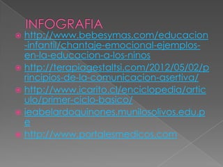  http://www.bebesymas.com/educacion
-infantil/chantaje-emocional-ejemplos-
en-la-educacion-a-los-ninos
 http://terapiagestaltsi.com/2012/05/02/p
rincipios-de-la-comunicacion-asertiva/
 http://www.icarito.cl/enciclopedia/artic
ulo/primer-ciclo-basico/
 ieabelardoquinones.munilosolivos.edu.p
e
 http://www.portalesmedicos.com
 
