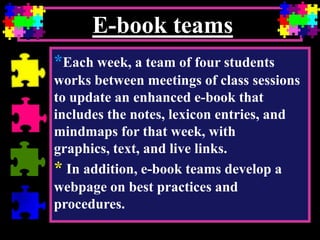E-book teams
*Each week, a team of four students
works between meetings of class sessions
to update an enhanced e-book that
includes the notes, lexicon entries, and
mindmaps for that week, with
graphics, text, and live links.
* In addition, e-book teams develop a
webpage on best practices and
procedures.

 