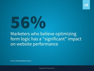 19

56%

Marketers who believe optimizing
form logic has a “significant” impact
on website performance

Source: MarketingSherpa (2011)

Copyright 2014 SwayHub LLC

 