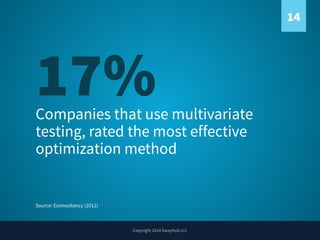 14

17%

Companies that use multivariate
testing, rated the most effective
optimization method

Source: Econsultancy (2012...