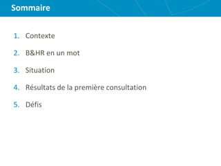 Sommaire
1. Contexte
2. B&HR en un mot
3. Situation
4. Résultats de la première consultation
5. Défis
 