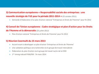 3) Communication européenne « Responsabilité sociale des entreprises : une
nouvelle stratégie de l'UE pour la période 2011-2014 » (25 octobre 2011).
 Demande d’élaboration d’un plan d’action national “Entreprises et Droits de l’Homme” pour fin 2012
4) Conseil de l’Union européenne : Cadre stratégique et plan d’action pour les Droits
de l’Homme et la démocratie (25 juillet 2012)
 Plan d’action national “Entreprises et Droits de l’Homme’ pour fin 2013
5) Réunion Coormulti du 15 mars 2013
 Accord visant à développer un plan d'action ‘Entreprises et Droits de l‘Homme’
 Une validation politique sera recherchée via le groupe de travail intercabinet
 Élaboration du plan d'action via le groupe de travail rse/isr de la CIDD
 1ier timing indicatif PAN/PAF : fin mars 2014
 