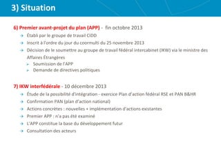 3) Situation
6) Premier avant-projet du plan (APP) - fin octobre 2013
 Établi par le groupe de travail CIDD
 Inscrit à l'ordre du jour du coormulti du 25 novembre 2013
 Décision de le soumettre au groupe de travail fédéral intercabinet (IKW) via le ministre des
Affaires Étrangères
 Soumission de l'APP
 Demande de directives politiques
7) IKW interfédérale - 10 décembre 2013
 Étude de la possibilité d'intégration - exercice Plan d’action fédéral RSE et PAN B&HR
 Confirmation PAN (plan d’action national)
 Actions concrètes : nouvelles + implémentation d'actions existantes
 Premier APP : n'a pas été examiné
 L'APP constitue la base du développement futur
 Consultation des acteurs
 