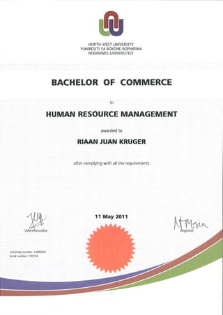 University number: 12860301
Serial number: 100194
NORTH-WEST UNIVERSITY
YUNIBESITI YA BOKONE-BOPHIRIMA
NOORDWES-UNIVERSITEIT
BACHELOR OF COMMERCE
HUMAN RESOURCE MANAGEMENT
awarded to
RIAAN JUAN KRUGER
after complying with all the requirements
11 May 2011
 