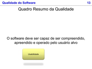 Qualidade do Software 13
Usabilidade
O software deve ser capaz de ser compreendido,
apreendido e operado pelo usuário alvo
Quadro Resumo da Qualidade
 