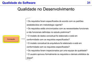 Qualidade do Software 31
Qualidade no Desenvolvimento
Concepção
• Os requisitos foram especificados de acordo com os padrões
estabelecidos em metodologia vigente?
• Os requisitos estão sincronizados com as necessidades funcionais
e não funcionais definidas no estudo preliminar?
• O modelo de dados conceitual foi elaborado e está em
conformidade com os requisitos especificados?
• O modelo conceitual da arquitetura foi elaborado e está em
conformidade com os requisitos especificados?
• Os requisitos foram inspecionados por uma equipe de qualidade?
• O usuário aprovou formalmente os requisitos e demais artefatos da
etapa?
 