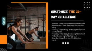 Customize The 30-
Day Challenge
Monday: Lower-Body Bodyweight Workout
Wednesday: Cross-Training (Find Options
Here)
Tuesday: Upper-Body Bodyweight Workout
Sunday: Rest
Thursday: Total-Body Bodyweight Workout
Friday: Bodyweight Abs Workout
Saturday: Cross-Training (Find Options
Here)
 