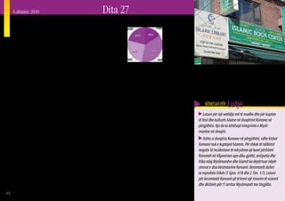 6 shtator, 2010                                              Dita 27
     Myslimanët në Kore
     Nga Hyunsoo Lee
                                                                          Bangladeshi                Pakistani




     P   rania e një komuniteti të vogël Mysliman në Kore
         mund të datohet që nga shekulli i 13të apo i 14të.
     Kontaktet me Myslimanët në atë periudhë ndoshta
                                                                          Uzbekistani                 Indonezia

     lidheshin me tregtinë aktive dhe me këmbimet tregtare
     mes Koresë dhe Kinës. Kjo prani e vogël Myslimane            kudo në mbarë vendin ka më shumë se 10 xhami dhe 40          për Aziatikët. Për fat të keq ai caktohet në një fermë
     mund të tregohet në historinë Koreane deri në kohën e        qendra lutjeje.                                              derrash për të kryer trainimet atje megjithëse
     kolonizimit Japonez në vitet 1920të. Në atë kohë, mijëra        Koreanët Myslimanë nisën të tërhiqnin vëmendjen           Myslimanëve u ndalohet të mbarështrojnë derra për
     Myslimanë Kazakë erdhën në Kore dhe u stabilizuan atje       e shoqërisë për shkak të rritjes së tyre graduale në Kore.   mish, sipas fesë së tyre.
     për të banuar nën qeverinë kolonialiste Japoneze.            Megjithëse mungojnë statistikat e plota, Koreanët Mysli-
        Në vitin 1950të shpërtheu Lufta Koreane. Kombet
     e Bashkuara dërguan trupa ushtarake në Kore për të
                                                                  manë nisën të merrnin vëmendjen nga shoqëria në vitet
                                                                  e fundit për shkak të rritjes së tyre në numër. Përveç
                                                                                                                                      KËRKESAT PËR    Lutje
     luftuar kundër komunistëve të Koresë së Veriut. Si pjesë e   vendasve, po shfaqen në Kore edhe mjaft Myslimanë të                Lutuni për një vetëdije më të madhe dhe për kuptim
     përpjekjeve për luftën, qeveria Turke dërgoi një batalion    huaj. Deri në vitin 2007 kishte rreth 110,000 Myslimanë         të fesë dhe kulturës Islame në shoqërinë Koreane në
     ushtarësh në Kore. Ky ishte fillimi i kontaktit modern mes   emigrantë në Korenë e Jugut (shihni grafikun sipër).            përgjithësi. Kjo do ta lehtësojë integrimin e Mysli-
     Koreanëve dhe Myslimanëve. Bashkë me ushtarët erdhën         Shënim: Myslimanët nga Bangladeshi dhe Pakistani janë           manëve në shoqëri.
     dy imamë turq dhe nisën propagandimin e Islamit ndaj         shumica punëtorë të paligjshëm në Kore.                             Ashtu si shoqëria Koreane në përgjithësi, edhe kishat
     Koreanëve të lodhur nga lufta, përmes arsimimit, në             Për shkak të mungesës së të kuptuarit të Islamit dhe         Koreane nuk e kuptojnë Islamin. Për shkak të ndikimit
     Institutin privat arsimor Chung Jin. Brenda disa viteve      të kulturës së tij nga ana e Koreanëve, Myslimanët duket        negativ të incidenteve të ndryshme që kanë përfshirë
     dy Koreanë u bënë Myslimanë prej përpjekjeve të tyre.        sikur keqtrajtohen dhe diskriminohen për kulturën e             Koreanët në Afganistan apo diku gjetkë, antipatia dhe
     Thuhet se tani ka më shumë se 35,000 Koreanë etnikë          tyre nëpër fabrika dhe shkolla. Nga pikëpamja kulturore,        frika ndaj Myslimanëve dhe Islamit ka depërtuar nëpër
     Myslimanë duke u nisur nga dy të konvertuarit e parë         ngrënia e mishit të derrit duket të jetë diçka pothuajse        zemrat e disa besimtarëve Koreanë. Besimtarët duhet
     në vitin 1955. Myslimanët Koreanë e ndërtuan xhaminë         e pashmangshme ndërkohë që jetohet në Kore. Për                 ta mposhtin frikën (1 Gjon. 4:18 dhe 2 Tim. 1:7). Lutuni
     e tyre të parë, të quajtur Teqja Qendrore, në Aitiuon në     shembull, një punëtor Uzbek Mysliman vjen në Kore si            për besimtarët Koreanë që të kenë një rinovim të vizionit
     Seul me ndihmë financiare nga vendet Myslimane. Tani         trainues me një program trainimesh të Qeverisë Koreane          dhe dëshirës për t’i arritur Myslimanët me Ungjillin.
44
 