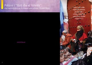 Pohimi i “Hirit dhe së Vërtetës”:                                                                                      Sepse Ligji u dha
    Drejt marrëdhënieve me Myslimanët sipas vullnetit të Krishtit (hyrje)
                                                                                                                          nëpërmjet Moisiut,
                                                                                                                             por hiri dhe e
                                                                                                                          vërteta u bënë me
    30      Ditët Ndërkombëtare ka vendosur të marrë
            pjesë aktivisht në një pohim mbarëbotëror të
    besimtarëve të quajtur “Hiri dhe e Vërteta: Drejt mar-
                                                                DOKUMENTI – HIRI DHE E VËRTETA                            anë të Jezu Krishtit
                                                                                                                             (Gjoni 1:17)
                                                                   Ky është një pohim nga një Rrjet Global
    rëdhënieve me Myslimanët sipas vullnetit të Krishtit.”
                                                                Kristianësh të cilët i duan Myslimanët, shumë prej të
       Ne u kërkojmë partnerëve tanë të lutjes t’i konsi-       cilëve jetojnë dhe shërbejnë mes tyre. Jezusi i thërret
    derojnë seriozisht thëniet në këtë tekst dhe të luten për   ndjekësit e tij ta përjetojnë dhe ta jetojnë dashurinë
    këto gjëra për veten e tyre, për bashkësinë e tyre dhe      e Perëndisë. Kjo dashuri është vënë në dispozicion
    për trupin e Krishtit. Ne i inkurajojmë besimtarët të       të të gjithë njerëzve përmes Krishtit, i cili erdhi në
    pendohen lidhur me të gjitha qëndrimet ndaj Mys-            botë “plot hir dhe të vërtetë.” Megjithatë, për shkak
    limanëve jo sipas vullnetit të Krishtit, të cilat janë të   të ndryshimeve kulturore, kërcënimeve të terrorizmit
    padenja për Mbretin tonë të kryqëzuar dhe të ringjal-       dhe stereotipeve negative të Myslimanëve, shumë
    lur. Ne e kemi shkurtuar pak tekstin me qëllim që ta        nga njerëzit e Perëndisë zmbrapsen nga plotësimi i
    përshtasnim për formatin e “30 Ditët”. Ne i inkurajo-       urdhrit të Jezusit për t’i dashur të gjithë njerëzit.
    jmë njerëzit ta shkarkojnë të gjithë tekstin e firmosur
                                                                   Në vërejmë se Bota Islamike përmban një
    nga faqja jonë e internetit www.30-Ditas.net (Hiri dhe
                                                                shumëllojshmëri të rëndësishme teologjike dhe
    e Vërteta).
                                                                ideologjike. Spektri i perspektivave dhe praktikave
       Kjo që vijon është “Hyrja e Pohimit ‘Hiri dhe e          Myslimane varion nga jofetarët, modernistët dhe
    Vërteta’.” Dita e parë dhe e dytë e këtij udhëzuesi në      disa tradicionalistë, deri te Islamistët ekstremistë
    lutje përmbajnë pika nga Pohimi i mësipërm.                 të cilët nxitin xhihadin militant. Duke e pranuar
       .                                                        këtë shumëllojshmëri të madhe, ne pohojmë nëntë
                                                                udhëzime Biblike që mund t’i aftësojnë ndjekësit
                                                                e Jezusit për të shërbyer si përfaqësuesit e Tij në
                                                                marrëdhënien me Myslimanët e çdo besimi.
                                                                   Vazhdon në faqen tjetër . . . (Dita 1)
6
 