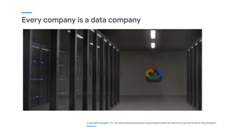 Every company is a data company
Copyright Google LLC. For educational purposes in accordance with the terms of use set for...
