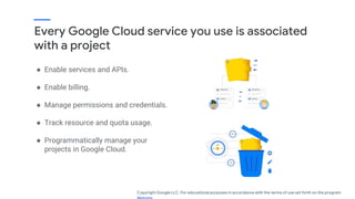 Every Google Cloud service you use is associated
with a project
● Enable services and APIs.
● Enable billing.
● Manage per...