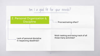 Am I a good fit for your needs?
48
2. Personal Organization &
Discipline Procrastinating often?
Multi-tasking and losing t...