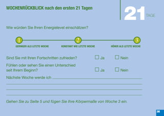 21
WOCHENRÜCKBLICK nach den ersten 21 Tagen
                                                                                           TAGE


Wie würden Sie Ihren Energielevel einschätzen?


      1                                     2                                       3
     GERINGER ALS LETZTE WOCHE   KONSTANT WIE LETZTE WOCHE        HÖHER ALS LETZTE WOCHE



Sind Sie mit Ihren Fortschritten zufrieden?                  Ja          Nein
Fühlen oder sehen Sie einen Unterschied
seit Ihrem Beginn?                                           Ja          Nein
Nächste Woche werde ich




Gehen Sie zu Seite 5 und fügen Sie Ihre Körpermaße von Woche 3 ein.

                                                                                                  35
 