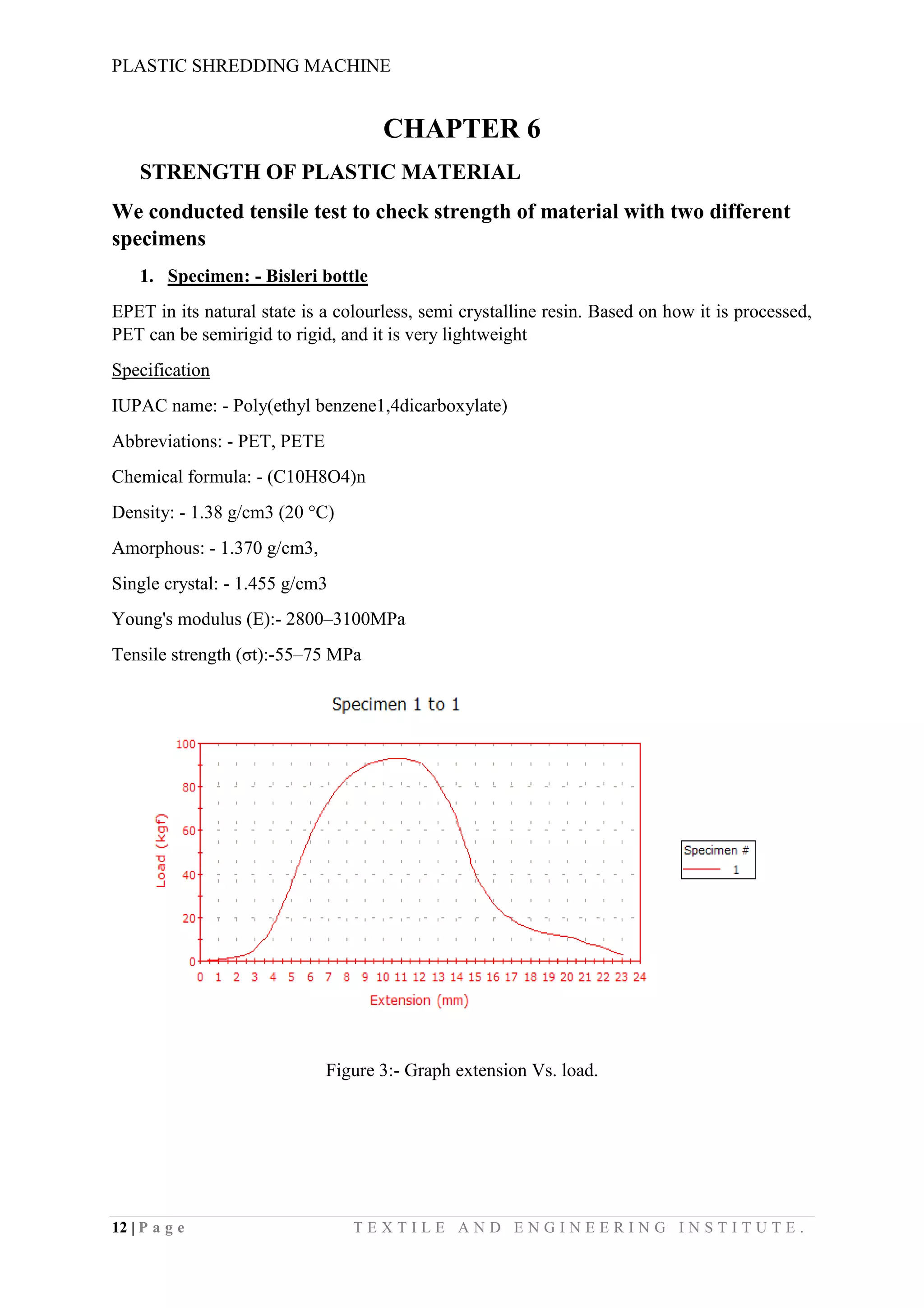 PLASTIC SHREDDING MACHINE
12 | P a g e T E X T I L E A N D E N G I N E E R I N G I N S T I T U T E .
CHAPTER 6
STRENGTH OF PLASTIC MATERIAL
We conducted tensile test to check strength of material with two different
specimens
1. Specimen: - Bisleri bottle
EPET in its natural state is a colourless, semi crystalline resin. Based on how it is processed,
PET can be semirigid to rigid, and it is very lightweight
Specification
IUPAC name: - Poly(ethyl benzene1,4dicarboxylate)
Abbreviations: - PET, PETE
Chemical formula: - (C10H8O4)n
Density: - 1.38 g/cm3 (20 °C)
Amorphous: - 1.370 g/cm3,
Single crystal: - 1.455 g/cm3
Young's modulus (E):- 2800–3100MPa
Tensile strength (σt):-55–75 MPa
Figure 3:- Graph extension Vs. load.
 