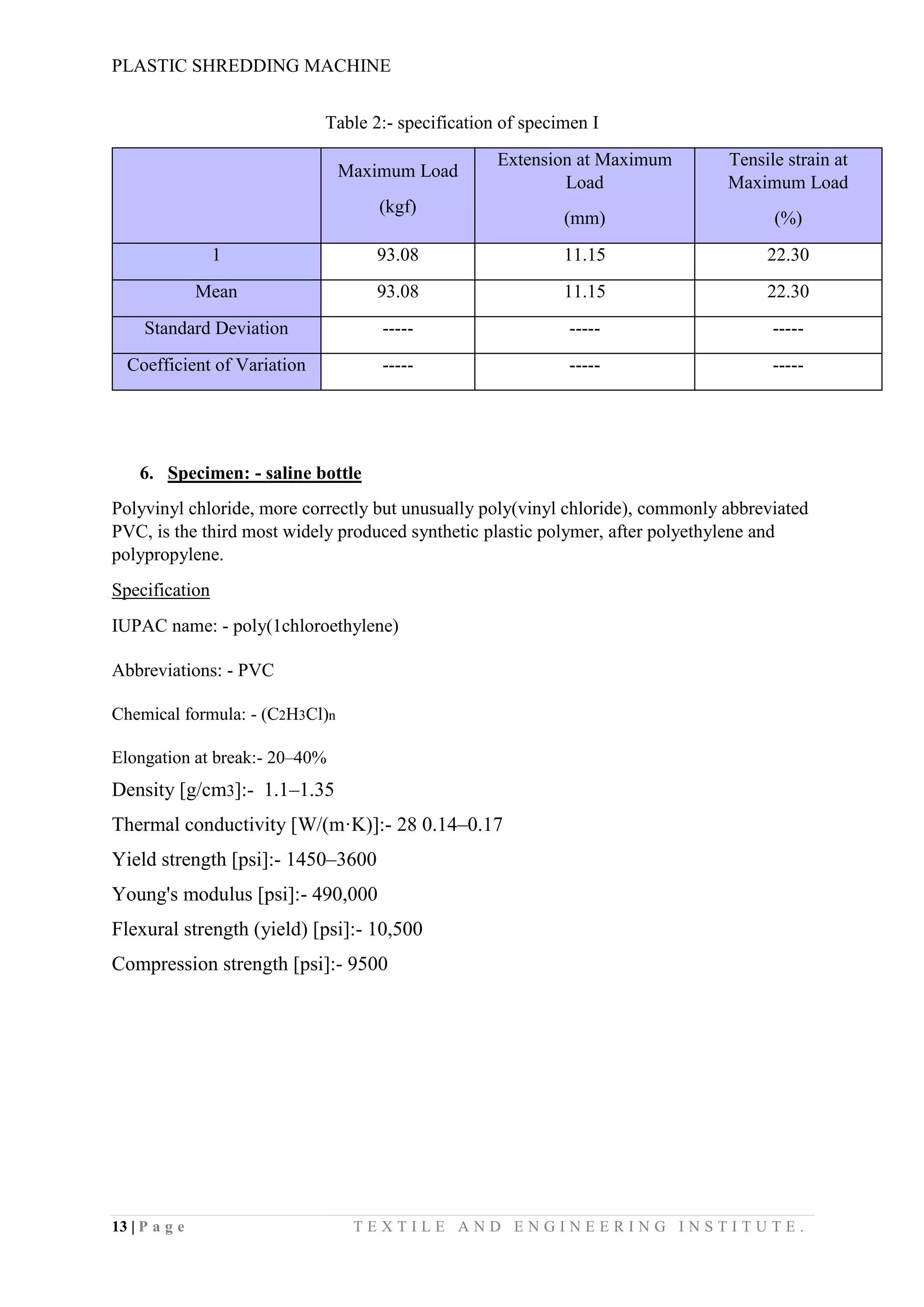 PLASTIC SHREDDING MACHINE
13 | P a g e T E X T I L E A N D E N G I N E E R I N G I N S T I T U T E .
Table 2:- specification of specimen I
Maximum Load
(kgf)
Extension at Maximum
Load
(mm)
Tensile strain at
Maximum Load
(%)
1 93.08 11.15 22.30
Mean 93.08 11.15 22.30
Standard Deviation ----- ----- -----
Coefficient of Variation ----- ----- -----
6. Specimen: - saline bottle
Polyvinyl chloride, more correctly but unusually poly(vinyl chloride), commonly abbreviated
PVC, is the third most widely produced synthetic plastic polymer, after polyethylene and
polypropylene.
Specification
IUPAC name: - poly(1chloroethylene)
Abbreviations: - PVC
Chemical formula: - (C2H3Cl)n
Elongation at break:- 20–40%
Density [g/cm3]:- 1.1–1.35
Thermal conductivity [W/(m·K)]:- 28 0.14–0.17
Yield strength [psi]:- 1450–3600
Young's modulus [psi]:- 490,000
Flexural strength (yield) [psi]:- 10,500
Compression strength [psi]:- 9500
 