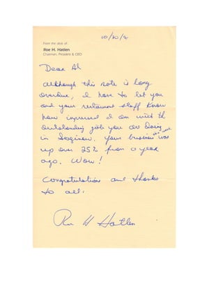 Al Gage Handwritten letter from CEO Roe Hatlen, OCB