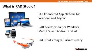 What is RAD Studio?
The Connected App Platform for 
Windows and Beyond
RAD development for Windows, 
Mac, iOS, and Android and IoT
Industrial strength. Business ready
 