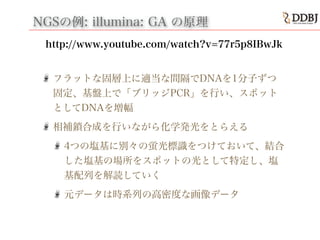 NGSの例: illumina: GA の原理
フラットな固層上に適当な間隔でDNAを1分子ずつ
固定、基盤上で「ブリッジPCR」を行い、スポット
としてDNAを増幅
相補鎖合成を行いながら化学発光をとらえる
4つの塩基に別々の蛍光標識をつけておいて、結合
した塩基の場所をスポットの光として特定し、塩
基配列を解読していく
元データは時系列の高密度な画像データ
http://www.youtube.com/watch?v=77r5p8IBwJk
 